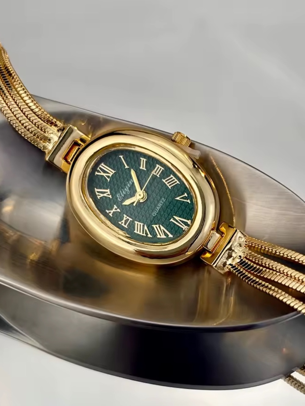 Gold Women's Bracelet Watch with Green Dial